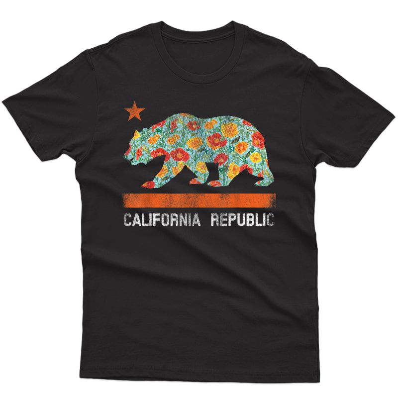 California Republic State Bear Star Poppy Flower La Cali Tee T-shirt