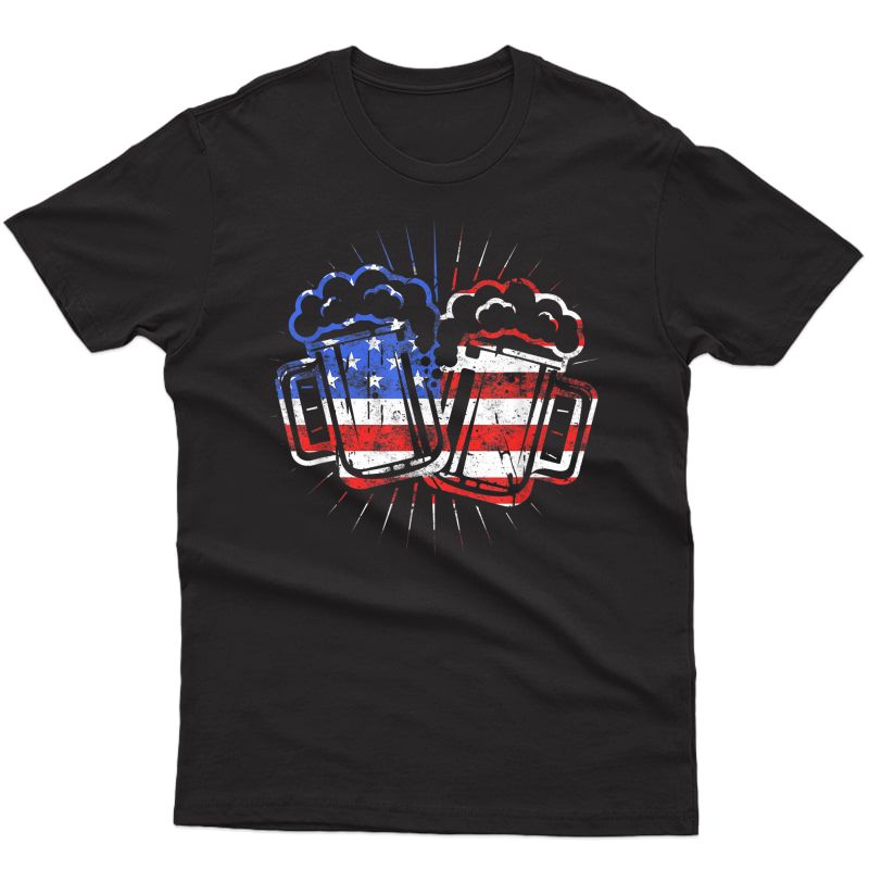 Cheers Beer American Flag T-shirt Drinking 4th Of July Gift T-shirt