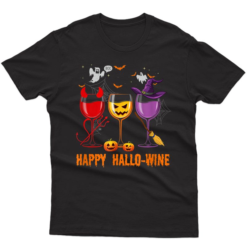 Happy Hallo-wine Funny Halloween Glass Wine Drinking Lover T-shirt