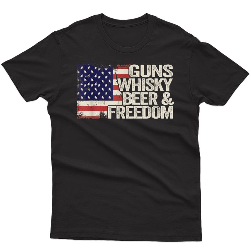 Vintage Retro Gun Whisky Beer & Freedom American Flag Funny T-shirt